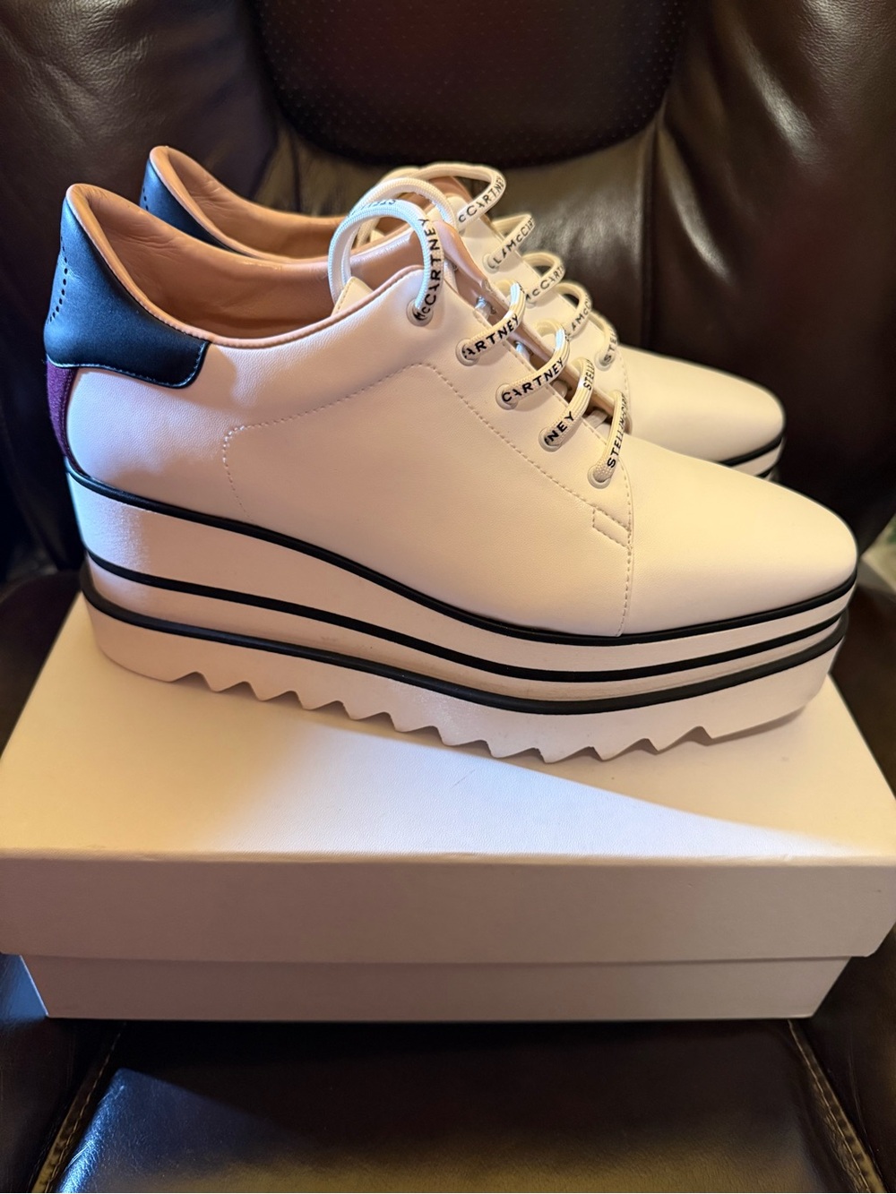 Stella McCartney White Platform Lace-Up Sneakers with Black & Navy Accents - Picture 1 of 7
